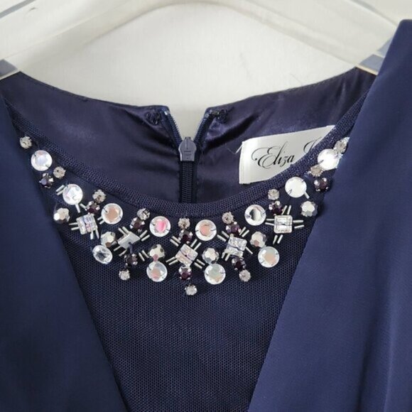 ELIZA J | Embellished Chiffon Fit & Flare Gown Dress EJ6M1353 Navy Blue sz 6 - Picture 4 of 6